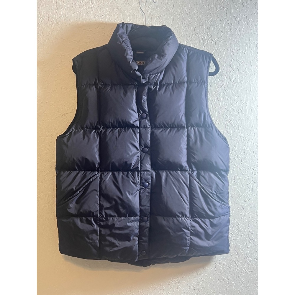 Lands End Puffer Vest Goose Womens Winter Down Quilted Snap Navy Blue 10-12